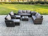 Fimous 9 Seater Garden Furniture Set Rattan Outdoor Lounge Sofa Chair With Tempered Glass Table Side Table 2 Small Footstools Dark Grey Mixed