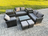 Fimous Rattan Garden Furniture Set 7 Seater Patio Outdoor Lounge Sofa Chair Set with Rectangular Coffee Table 2 Small Footstools 2 Side Tables Dark Grey Mixed