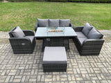 Fimous Rattan Garden Furniture Set with Fire Pit Table 7 Seater Outdoor Lounge Sofa Set Dark Grey Mixed