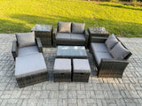 Fimous Rattan Garden Furniture Set 8 Seater Patio Outdoor Lounge Sofa Chair Set with Rectangular Coffee Table 3 Footstools 2 Side Tables Dark Grey Mixed
