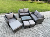 Fimous High Back Rattan Garden Furniture Set with Loveseat Sofa Rectangular Coffee Table 3 Footstools Indoor Outdoor Patio Lounge Sofa Set Dark Grey Mixed