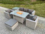 Fimous Rattan Garden Furniture Set Gas Fire Pit Lounge Sofa Chair Dining Set With Side Table And 2 PC Arm Chair Footstool