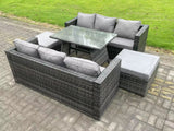 Fimous 7 Seater Rattan Outdoor Furniture Sofa Garden Dining Set with Oblong Dining Table Big Footstool Dark Grey Mixed