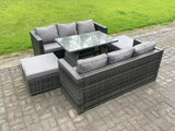 Fimous 7 Seater Rattan Outdoor Furniture Sofa Garden Dining Set with Oblong Dining Table Big Footstool Dark Grey Mixed