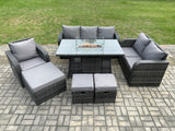 Fimous Rattan Garden Furniture Set with Fire Pit Table 9 Seater Outdoor Lounge Sofa Set Dark Grey Mixed
