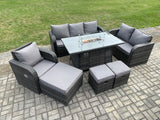 Fimous Rattan Garden Furniture Set with Fire Pit Table 9 Seater Outdoor Lounge Sofa Set Dark Grey Mixed
