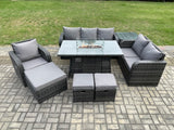 Fimous Garden Patio Furniture Wicker Rattan Gas Fire Pit Table and Sofa Chair set with Side Table 3 Footstool