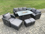 Fimous Garden Patio Furniture Wicker Rattan Gas Fire Pit Table and Sofa Chair set with Side Table 3 Footstool