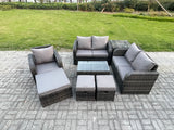 Fimous High Back Rattan Garden Furniture Set with Loveseat Sofa Rectangular Coffee Table 3 Footstools Side Table Indoor Outdoor Patio Lounge Sofa Set Dark Grey Mixed