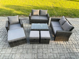 Fimous Rattan Garden Furniture Set 8 Seater Patio Outdoor Lounge Sofa Chair Set with Rectangular Coffee Table 3 Footstools Dark Grey Mixed