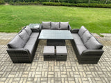 Fimous Patio Garden Dining Set Outdoor Rattan Furniture Lounge Sofa Height Adjustable Rising lifting Table With Side Table 2 Small Footstools Dark Grey Mixed