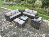 Fimous Rattan Garden Furniture Sofa Set with Armchair Square Coffee Table 2 Small Footstools Indoor Side Table Outdoor 9 Seater Rattan Set Dark Grey Mixed