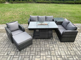 Fimous Garden Patio Furniture Wicker Rattan Gas Fire Pit Table and Sofa Chair set with Side Table Big Footstool