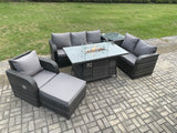 Fimous Garden Patio Furniture Wicker Rattan Gas Fire Pit Table and Sofa Chair set with Side Table Big Footstool