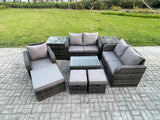Fimous 8 Seater High Back Rattan Garden Furniture Set with Loveseat Sofa Rectangular Coffee Table 3 Footstools 2 Side Tables Indoor Outdoor Patio Lounge Sofa Set Dark Grey Mixed