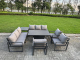 Fimous 7 Piece Garden Furniture Set 9-Seater Aluminium Outdoor Dining Set with Adjustable Rising Lifting Dining Table & Cushions Side Table 3 Chairs Dark Grey
