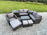 Fimous 8 Seater High Back Rattan Garden Furniture Set with Loveseat Sofa Rectangular Coffee Table 3 Footstools 2 Side Tables Indoor Outdoor Patio Lounge Sofa Set Dark Grey Mixed