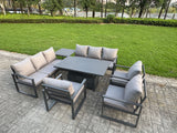 Fimous 7 Piece Garden Furniture Set 9-Seater Aluminium Outdoor Dining Set with Adjustable Rising Lifting Dining Table & Cushions Side Table 3 Chairs Dark Grey