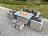 Fimous Light Grey Rattan Garden Furniture Set Gas Fire Pit Dining Table Set Heater Burner Chairs With 2 PC Stools