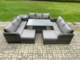 Fimous 11 Seater Garden Dining Sets Outdoor Rattan Furniture Lounge Sofa Height Adjustable Rising lifting Table With Side Table 2 Big Footstool Dark Grey Mixed