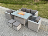 Fimous Light Grey Rattan Garden Furniture Set Gas Fire Pit Dining Table Set Heater Burner Chairs With 2 PC Stools
