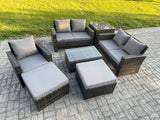 Fimous Rattan Garden Furniture Set 7 Seater Patio Outdoor Lounge Sofa Chair Set with Rectangular Coffee Table 2 Big Footstool Side Table Dark Grey Mixed