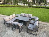 Fimous 8 Piece Garden Furniture Set 9-Seater Aluminium Outdoor Dining Set with Adjustable Rising Lifting Dining Table & Cushions 2 Side Tables 3 Chairs Dark Grey