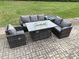 Fimous Garden Patio Furniture Wicker Rattan Gas Fire Pit Table and Sofa Chair set with Side Table