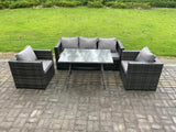 Fimous Wicker PE Rattan Outdoor Furniture Garden Dining Set with Lounge Sofa Oblong Dining Table 2 Armchairs Dark Grey Mixed