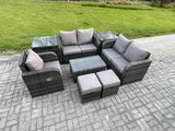 Fimous 7 Seater High Back Rattan Garden Furniture Set with Loveseat Sofa Rectangular Coffee Table 2 Small Footstools 2 Side Tables Indoor Outdoor Patio Lounge Sofa Set Dark Grey Mixed