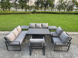Fimous 8 Piece Garden Furniture Set 9-Seater Aluminium Outdoor Dining Set with Adjustable Rising Lifting Dining Table & Cushions 2 Side Tables 3 Chairs Dark Grey