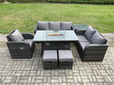 Fimous Garden Patio Furniture Wicker Rattan Gas Fire Pit Table and Sofa Chair set with Side Table 2 Small Footstools
