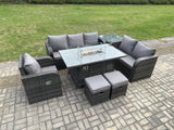 Fimous Garden Patio Furniture Wicker Rattan Gas Fire Pit Table and Sofa Chair set with Side Table 2 Small Footstools