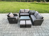 Fimous High Back Rattan Garden Furniture Set with Loveseat Sofa Rectangular Coffee Table Side Table 2 Small Footstools Indoor Outdoor Patio Lounge Sofa Set Dark Grey Mixed