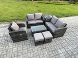 Fimous High Back Rattan Garden Furniture Set with Loveseat Sofa Rectangular Coffee Table Side Table 2 Small Footstools Indoor Outdoor Patio Lounge Sofa Set Dark Grey Mixed