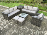 Fimous 9 Seater Rattan Garden Furniture Sofa Set with Armchair Side Table Square Coffee Table 2 Small Footstools Indoor Side Table Outdoor Rattan Set Dark Grey Mixed