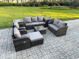Fimous 8 Seater Garden Furniture Set Rattan Outdoor Lounge Sofa Chair With Tempered Glass Table 2 Side Tables Big Footstool Dark Grey Mixed