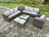Fimous 9 Seater Rattan Garden Furniture Sofa Set with Armchair Side Table Square Coffee Table 2 Small Footstools Indoor Side Table Outdoor Rattan Set Dark Grey Mixed