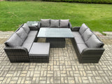 Fimous Patio Garden Dining Set Outdoor Rattan Furniture Lounge Sofa Height Adjustable Rising lifting Table With Side Table Big Footstool Dark Grey Mixed