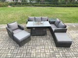 Fimous Garden Patio Furniture Wicker Rattan Gas Fire Pit Table and Sofa Chair set with Side Tables 2 Big Footstool