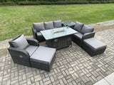Fimous Garden Patio Furniture Wicker Rattan Gas Fire Pit Table and Sofa Chair set with Side Tables 2 Big Footstool