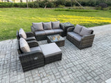 Fimous 8 Seater Garden Furniture Set Rattan Outdoor Lounge Sofa Chair With Tempered Glass Table Big Footstool Side Table Dark Grey Mixed
