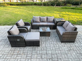 Fimous 8 Seater Garden Furniture Set Rattan Outdoor Lounge Sofa Chair With Tempered Glass Table Big Footstool Side Table Dark Grey Mixed