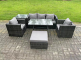 Fimous 6 Seater Wicker Rattan Outdoor Furniture Garden Dining Set with Sofa Oblong Dining Table 2 Armchairs Stool Dark Grey Mixed