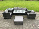 Fimous 6 Seater Wicker Rattan Outdoor Furniture Garden Dining Set with Sofa Oblong Dining Table 2 Armchairs Stool Dark Grey Mixed