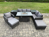 Fimous Garden Patio Furniture Wicker Rattan Gas Fire Pit Table and Sofa Chair set with 2 Side Tables 2 Big Footstool