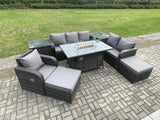 Fimous Garden Patio Furniture Wicker Rattan Gas Fire Pit Table and Sofa Chair set with 2 Side Tables 2 Big Footstool
