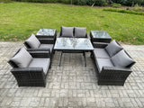 Fimous Rattan Garden Furniture Set Patio Outdoor Lounge Sofa Set with Rectangular Dining Table Love Seat Sofa 2 Side Tables Dark Grey Mixed