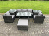 Fimous 6 Seater Rattan Outdoor Furniture Garden Dining Set with Oblong Dining Table 2 Side Tables Big Footstool 2 Armchairs Dark Grey Mixed