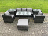 Fimous 6 Seater Rattan Outdoor Furniture Garden Dining Set with Oblong Dining Table 2 Side Tables Big Footstool 2 Armchairs Dark Grey Mixed